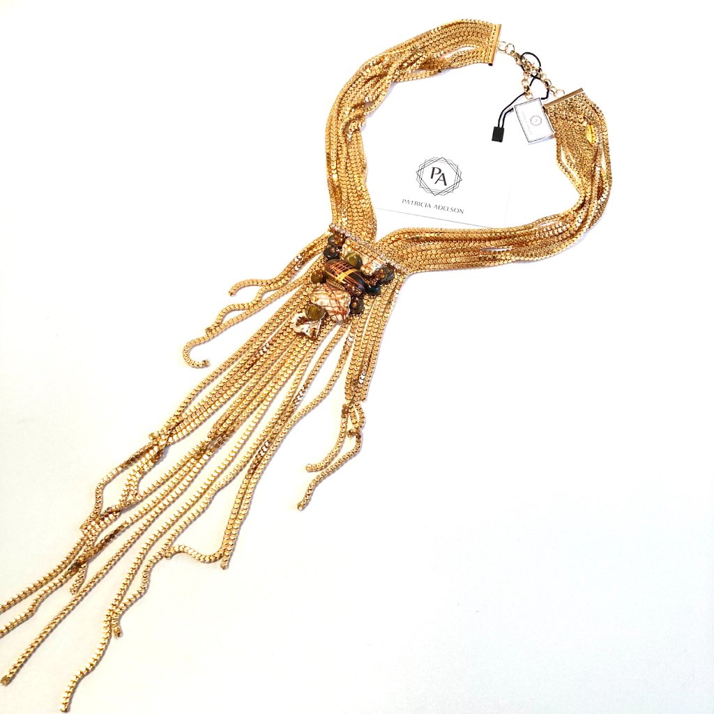 Long Necklace Gold Plated Brown Agate Corals Stone